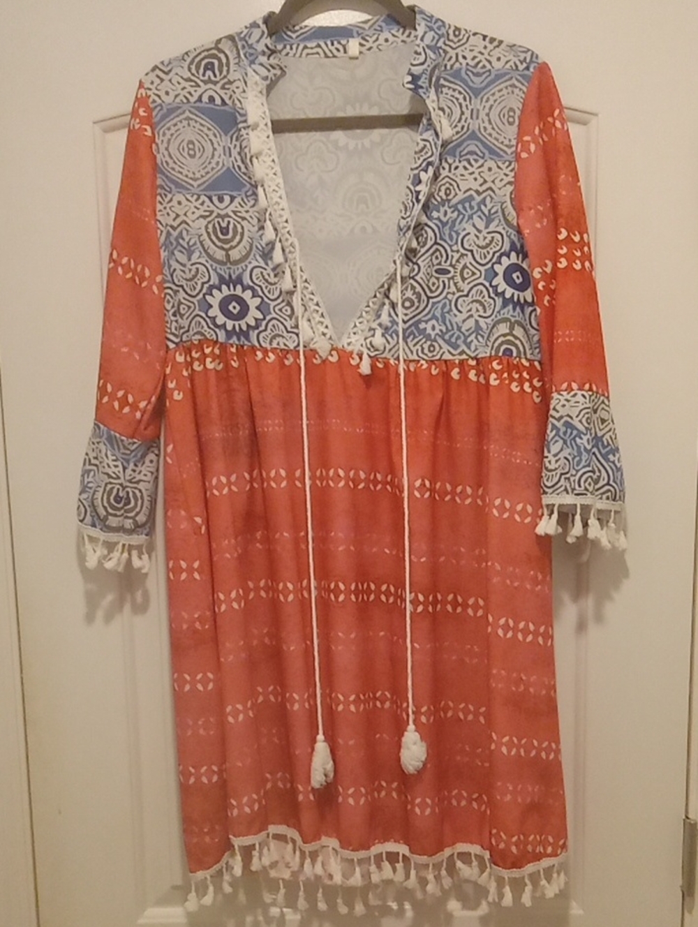 Boho Tassel Tie-Front Coral and Blue V-Neck Tunic